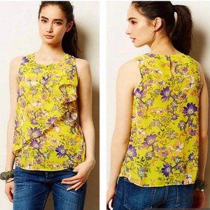 Anthropologie HD in Paris Yellow Sleeveless Ruffled Floral "Sungarden" Blouse